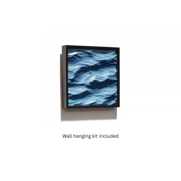 Wall art with a 3D wavy blue design on a white background, featuring text 'Wall hanging kit included'.