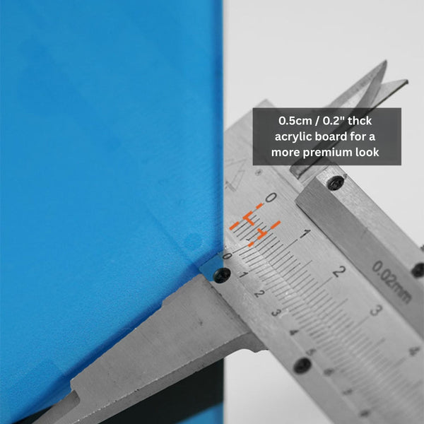 Acrylic board thickness measurement with a caliper showing 0.5cm/0.2" thick.