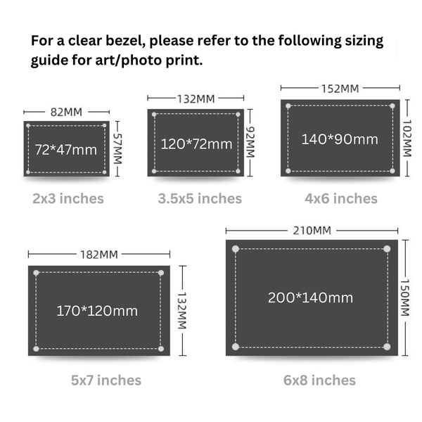 Sizing guide for art/photo prints with dimensions suitable for the magnetic acrylic picture frames in millimeters and inches.