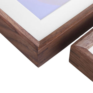 Close-up of a black walnut wooden frame corner on a white background