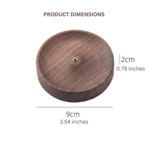 Black walnut incense holder with dimensions labeled on a white background