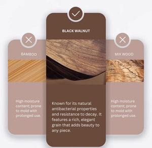 Comparison of Black Walnut, Bamboo, and Mix Wood finishes on a white background