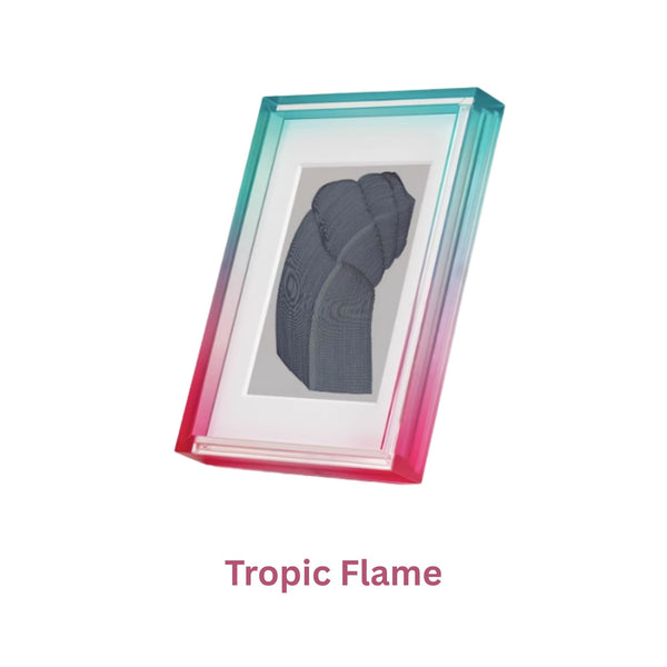 Green red ombre acrylic picture framed artwork with a gradient frame labeled 'Tropic Flame' on a white background