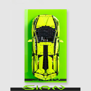 LEGO® Technic Lamborghini Sián model on a green wall display board with 'Sian' branding.