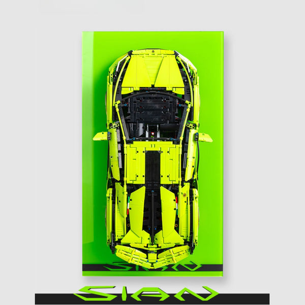 LEGO® Technic Lamborghini Sián model on a green wall display board with 'Sian' branding.