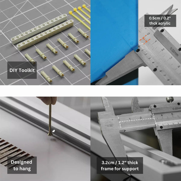 Collage of DIY toolkit components, acrylic sheets, and measurement tools on a grid background.