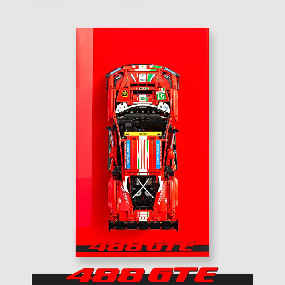 LEGO® Technic Ferrari 488 GTE Red Ferrari 488 GTE model on an acrylic wall display frame