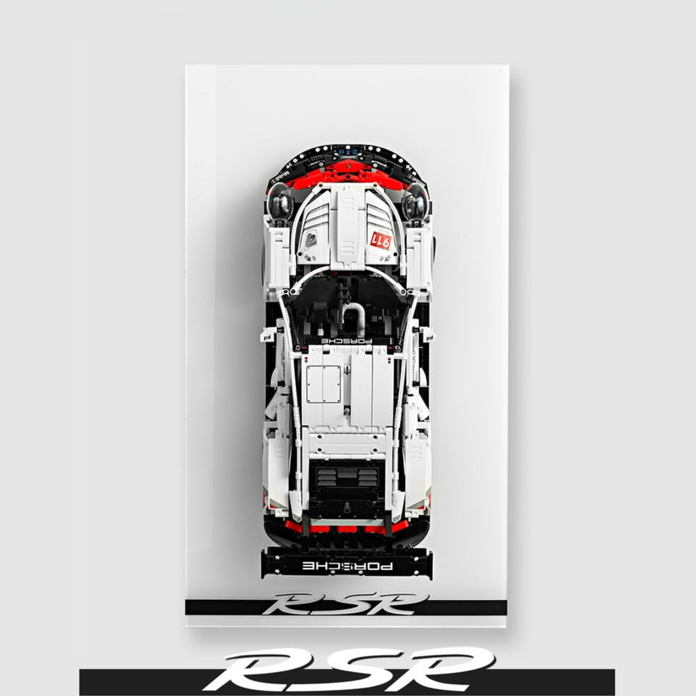 Top-down view of a race car with 'RSR' branding on an acrylic white frame | LEGO® Technic Porsche 911 RSR (Set 42096)