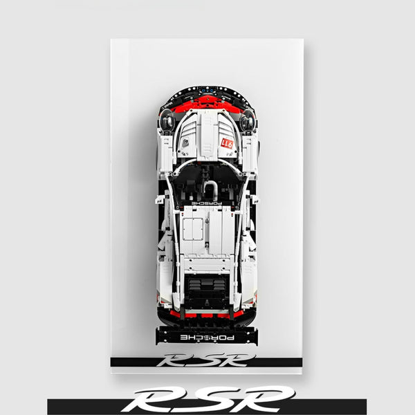 Top-down view of a race car with 'RSR' branding on an acrylic white frame | LEGO® Technic Porsche 911 RSR (Set 42096)