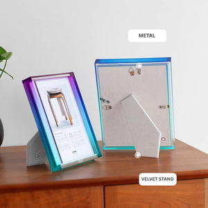 Ombre acrylic picture frame, gradient picture frames on a wooden surface with labels for material and stand type.