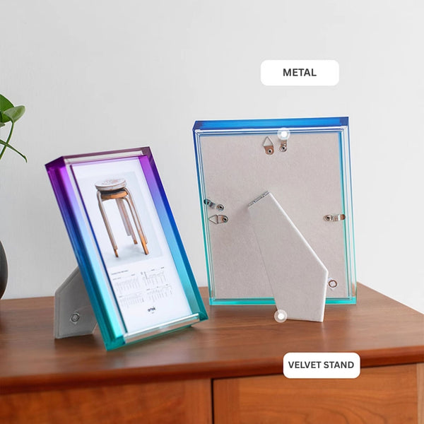 Ombre acrylic picture frame, gradient picture frames on a wooden surface with labels for material and stand type.