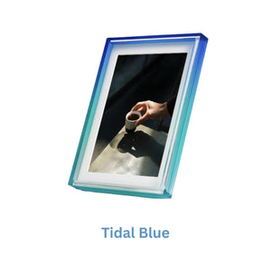 Ombre blue and green framed picture with a hand holding a cup, set against a white background with 'Tidal Blue' label.