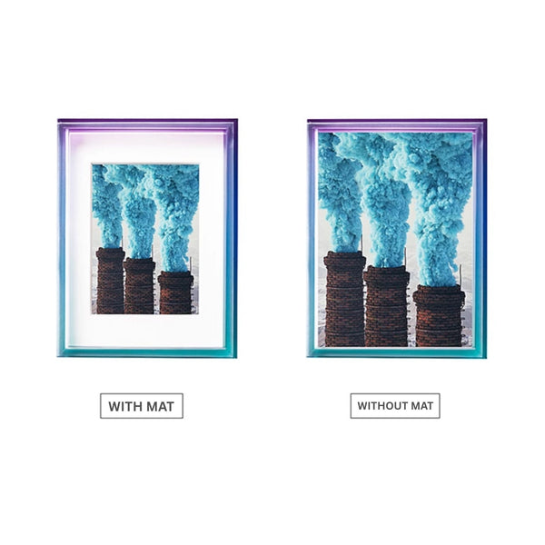Two ombre acrylic frame artworks side by side, one with a mat and one without, on a white background.