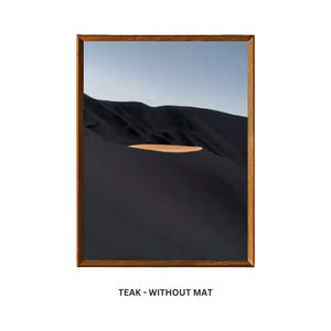 Framed artwork with a teak frame and white mat on a white background. Teak beveled picture frame without mat. 