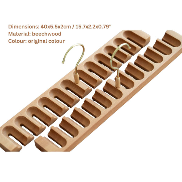 Wooden belt hanger or belt rack with multiple hooks on a white background