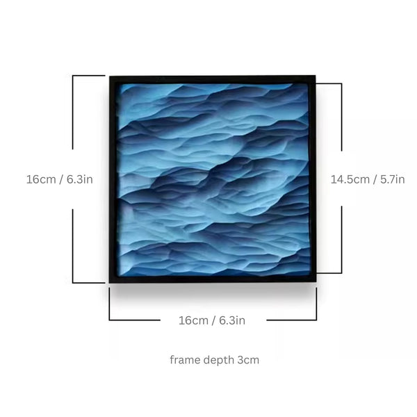 Framed artwork with blue wave design and dimensions on a white background