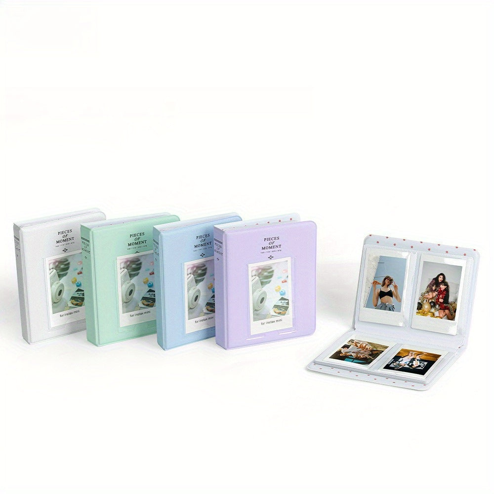 Purple photo album for Instax mini with a front window displaying a camera and photos on a white background