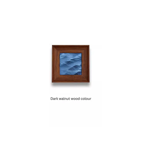 Wide framed artwork with dark walnut wood border on a white background