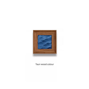 Taun wood color artwork with a blue wave pattern inside a wooden frame on a white background